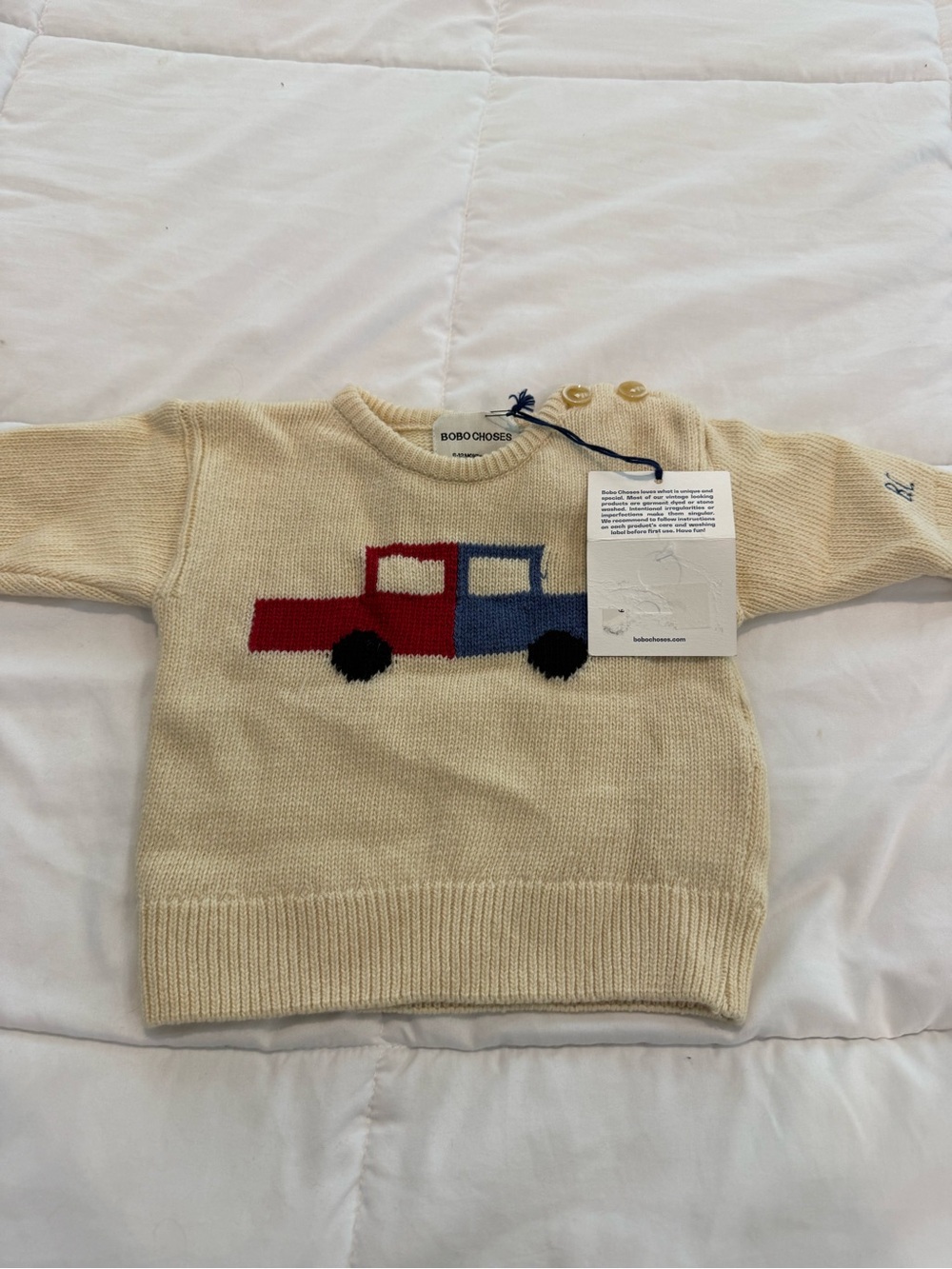 Bobo Choses Cream Knit Sweater with Red & Blue Truck
